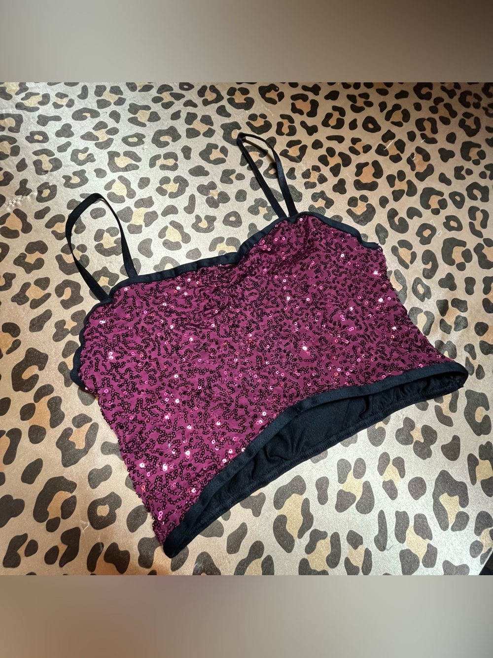 Sequin Crop Cami Top - Magenta with Black Trim